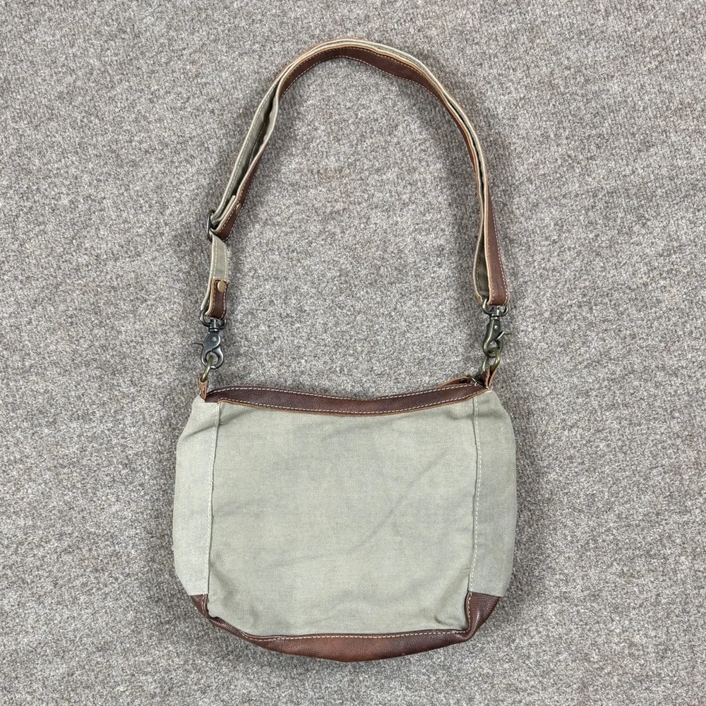 Aztec Green Canvas Brown Leather Trim Hobo Shoulder Crossbody Bag Fringe Tassle